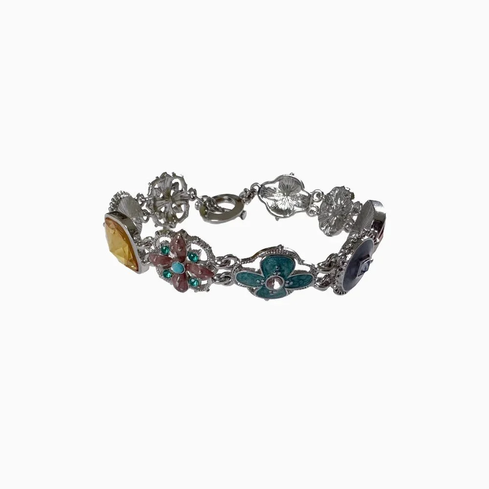 Vintage Napier Silver Multicolor Enamel Bracelet Floral Motif Toggle Retro Charm